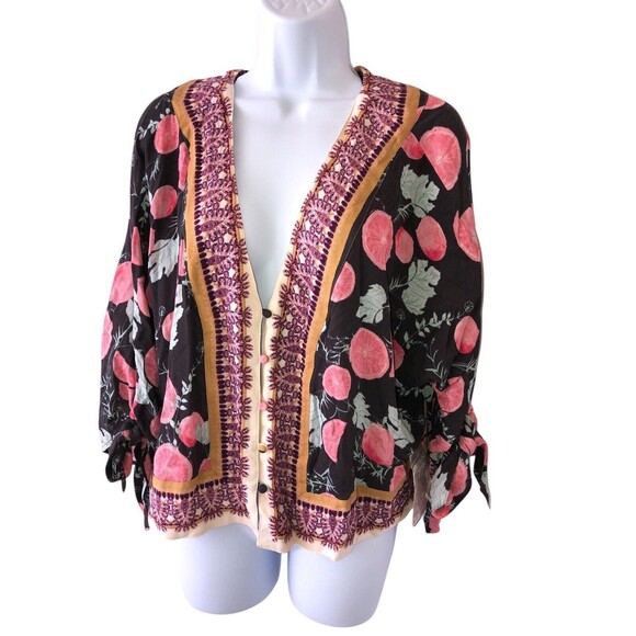 NWT Free People Cardigan Top Womens XS Abstract Artsy Print Tie Long Sleeve Boho - Picture 1 of 12